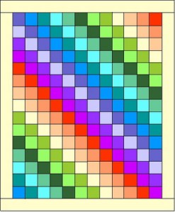 This quilt needs a total of 15 – 3 ½” strips to make the pattern. It can be in as many colors as you wish. It is a great way to use up odd strips. You should use at least 5 and as many as 15 different fabrics. 